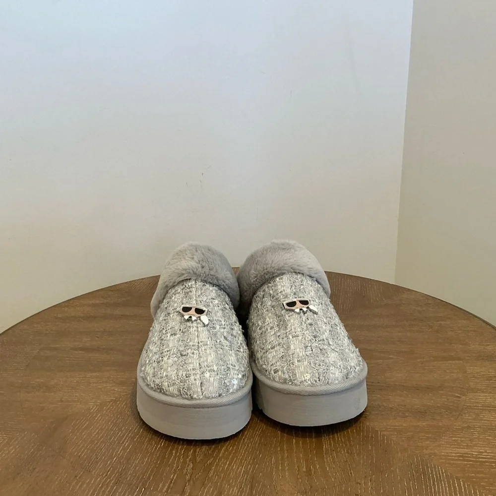 Karl Lagerfeld Hessa Tweed Gold Faux Fur Trim Platform Slides